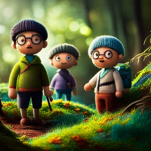 BTS Knit Toys Hiking in Forest: Studio Ghibli Style