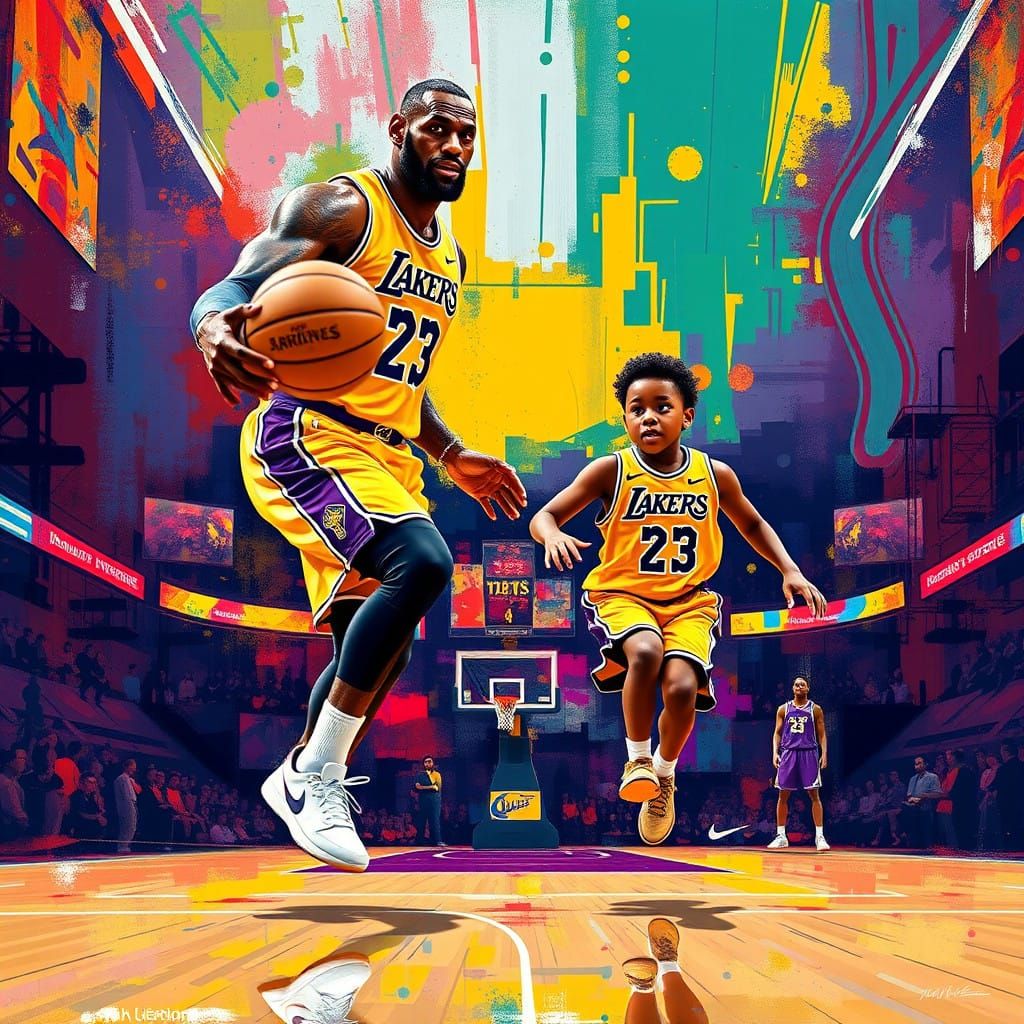 Lebron James in Action, Passing to Son Bronny James in a Vib...