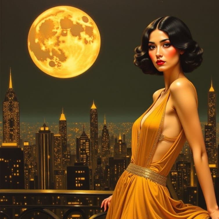 Art Deco Cyberpunk Amer-Asian Woman in Golden Gown