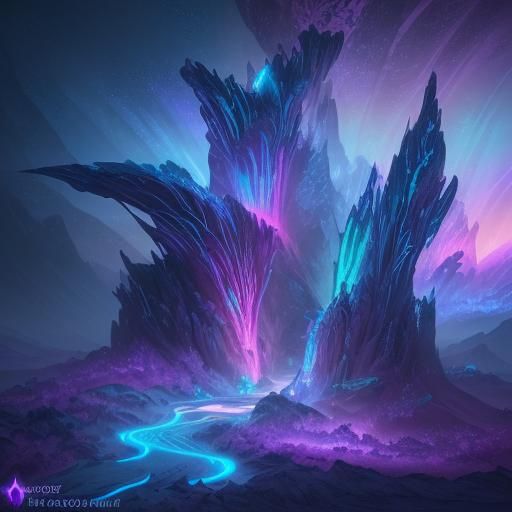 Mystical Mountain Neon Lights with Swirling Crystals