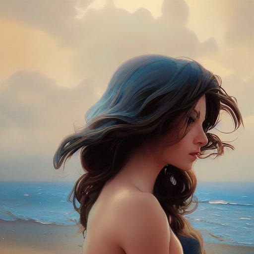 Woman on Beach Portrait in Hyperdetailed Style