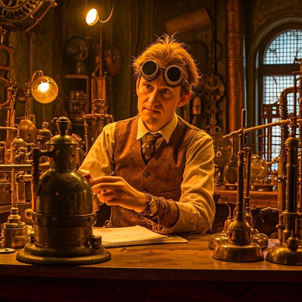 Steampunk Inventor in Victorian-Era Lab