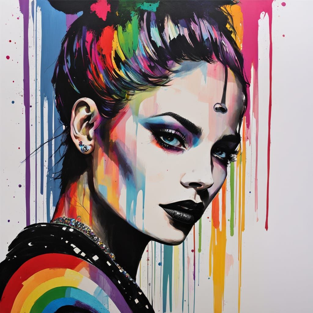 Rainbow Goth Beauty in a Whimsical Mixed Media Portrait