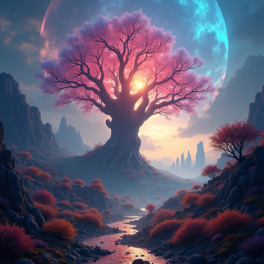 Mystical Tree of Life in Dreamlike Landscape