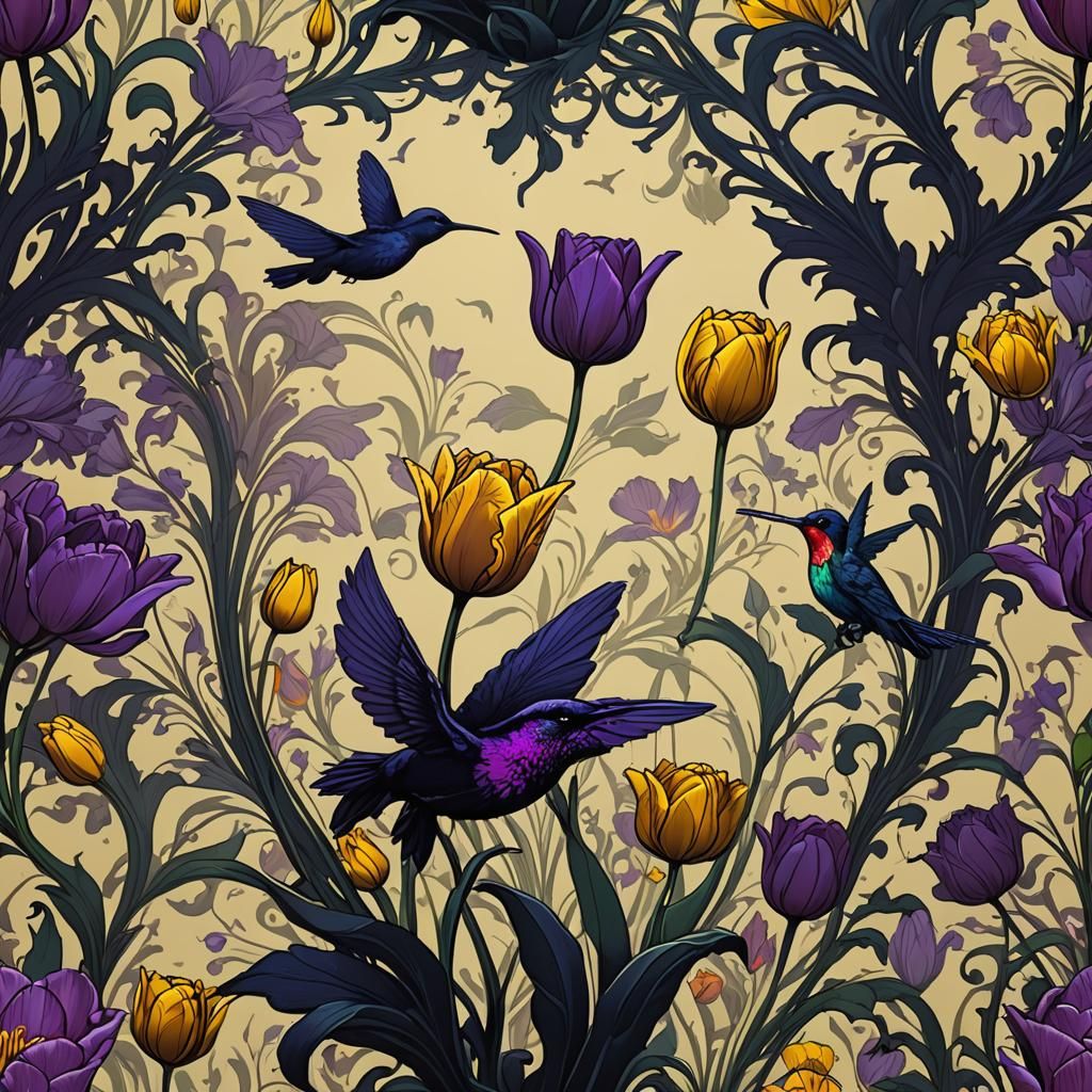 Tulip and Hummingbird Silhouette Art in 8K