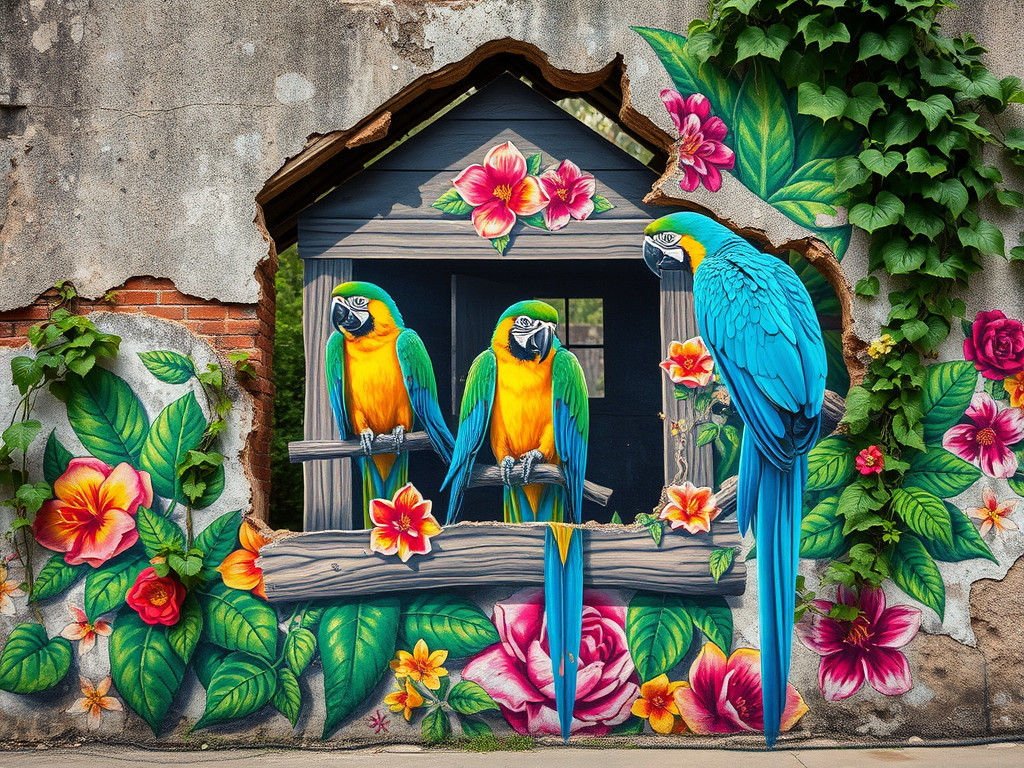 Parrot Mural on Weathered Wall in Basquiat Style