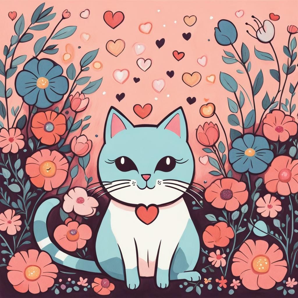 Charming Cat Surrounded by Flowers, Children's Illustration