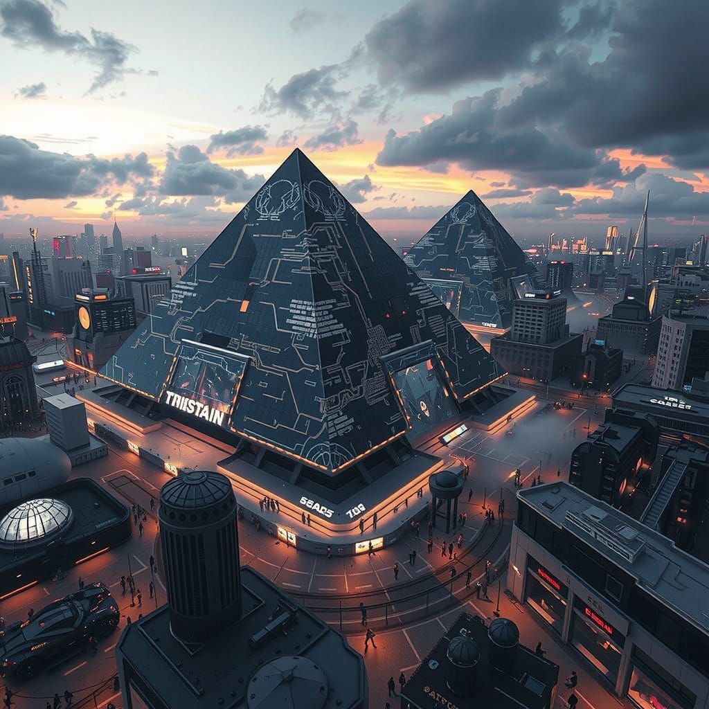Futuristic Pyramid City at Dusk in Cyberpunk Style