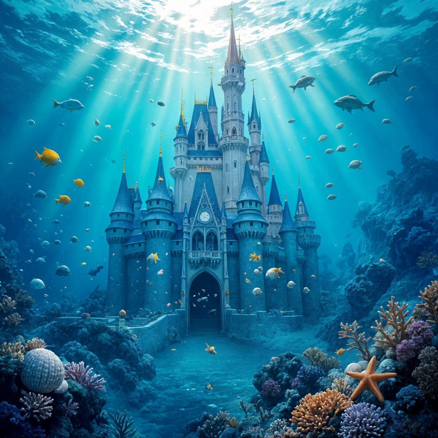 Underwater Castle with Sea Life in Ethereal Style