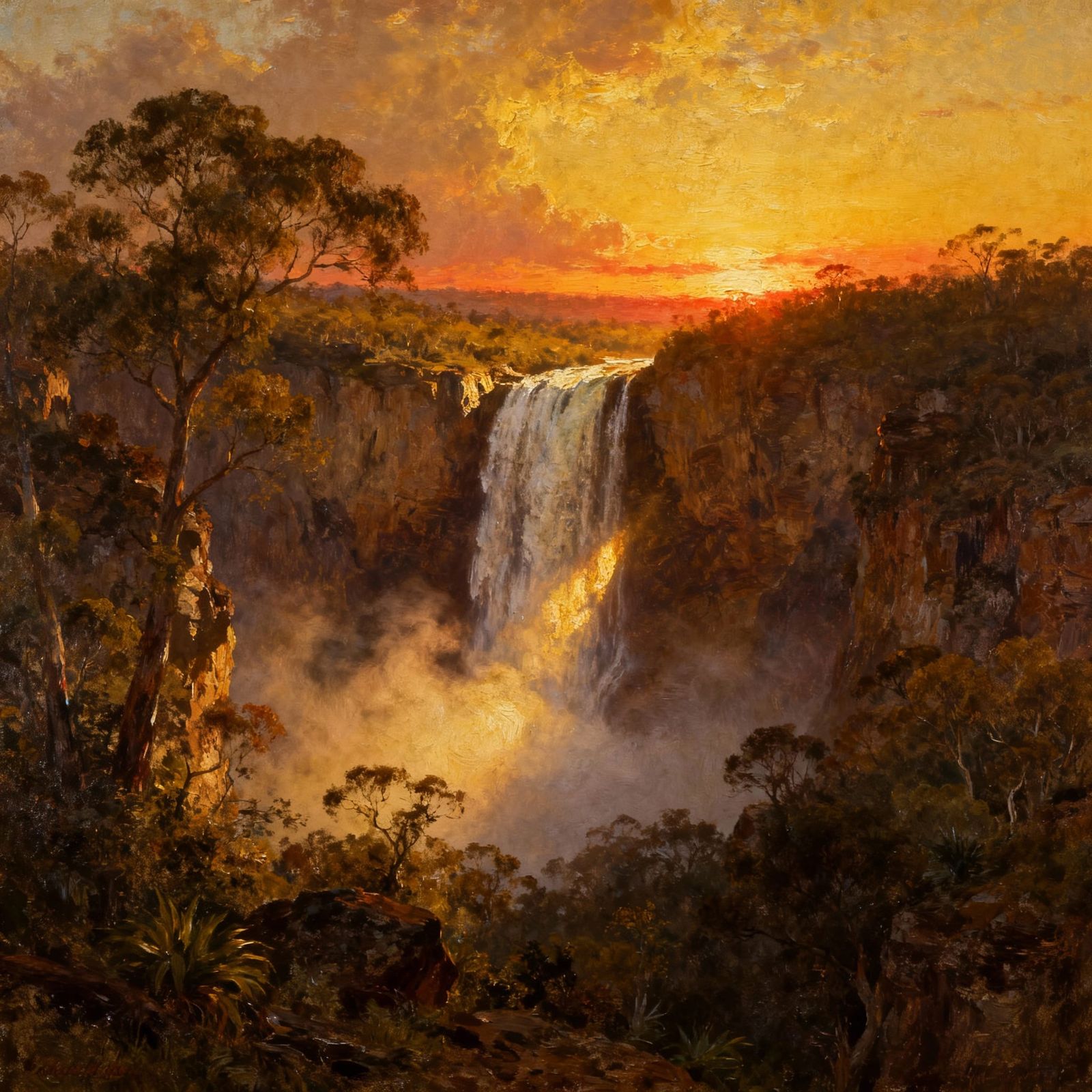 Majestic Waterfall Sunrise in Mountain Bushland