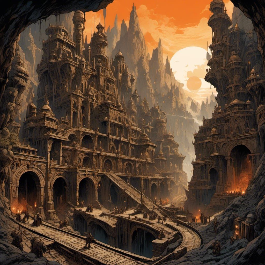 Dramatic Dark Fantasy Cityscape in Gothic Art Nouveau Style