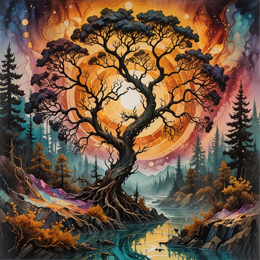 Twisted Trees in Blazing Sunset Landscape