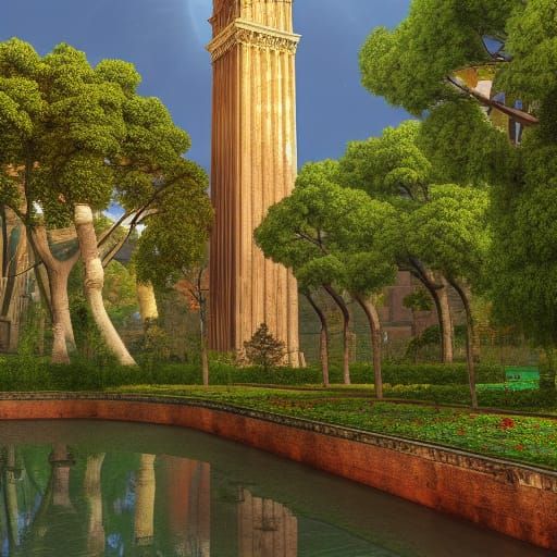 Magical Marble Tower with Jewels and Statues