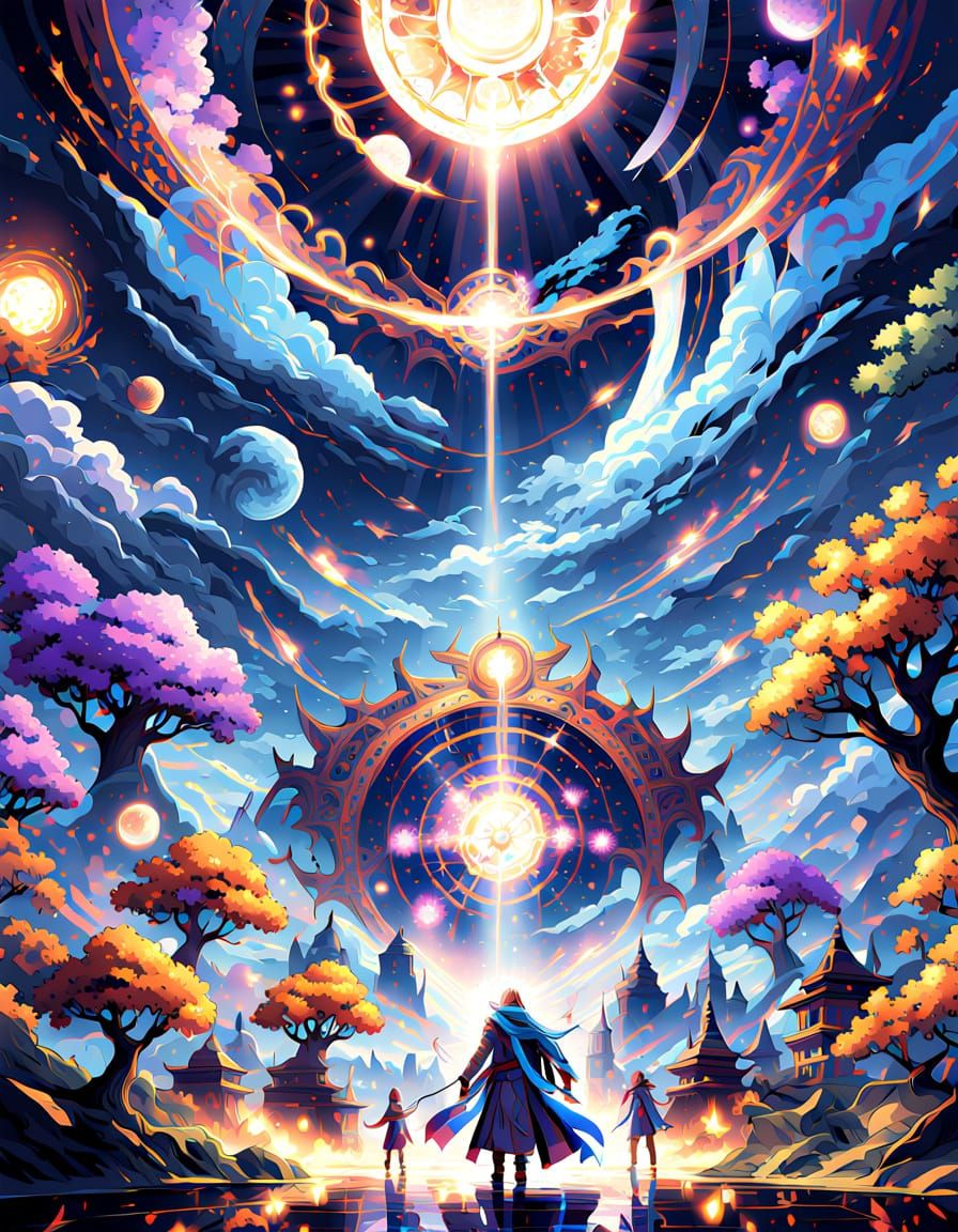 Cosmic Arena With Ethereal Beings in Vibrant Anime Style