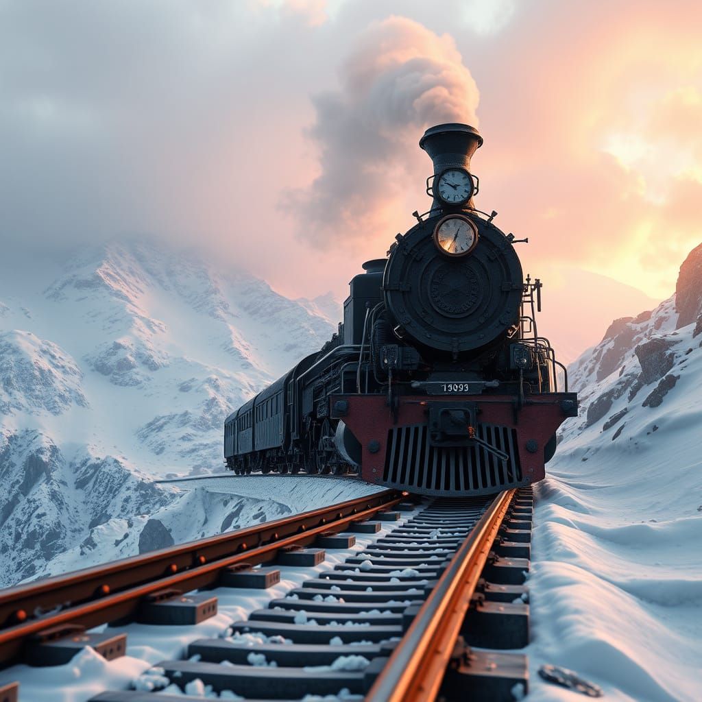 Old Iron Locomotive on Snowy Mountain