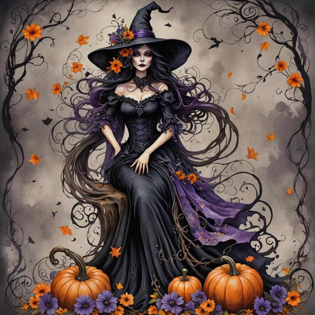 Watercolor Witch on Pumpkin with Floral Hat