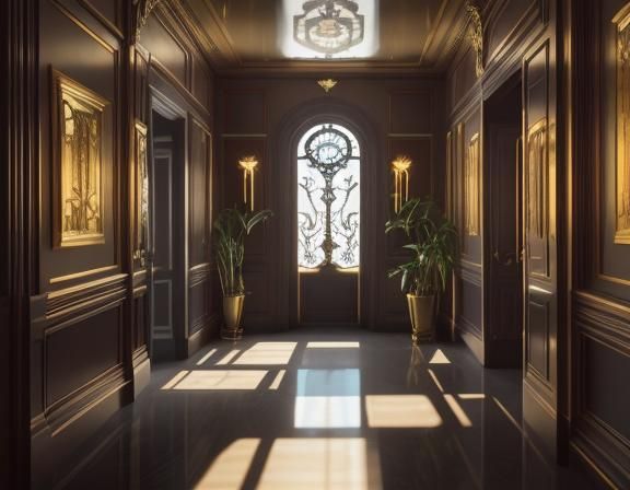 Art Deco Mansion Interior with Golden Hour Light