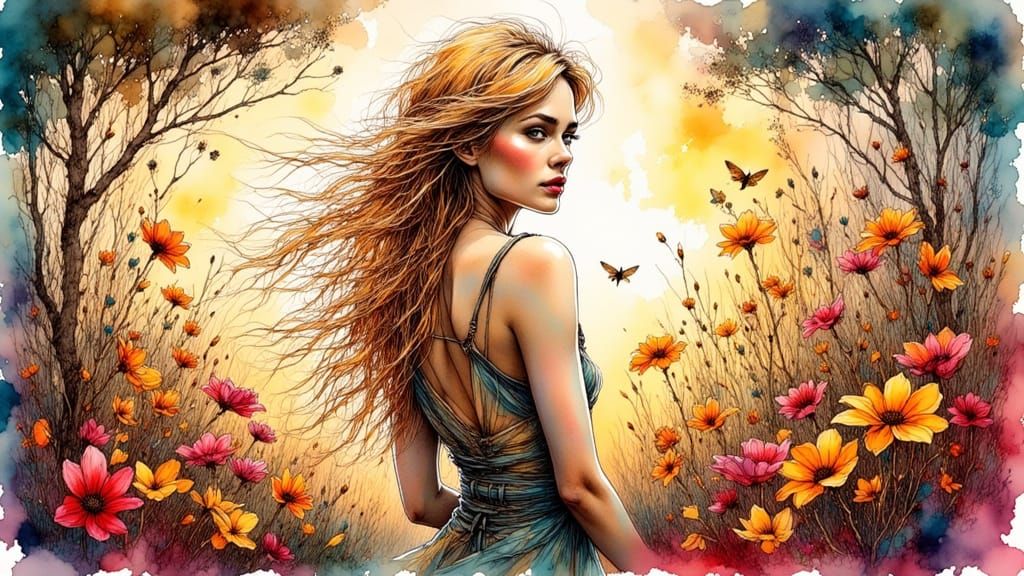 Australian Woman in Bushland Ink Sketch