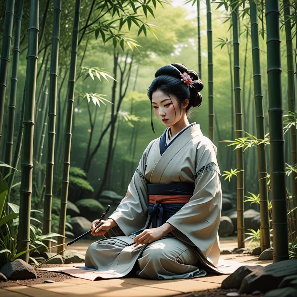 Geisha in Bamboo Garden: Sumi-e Ink Calligraphy
