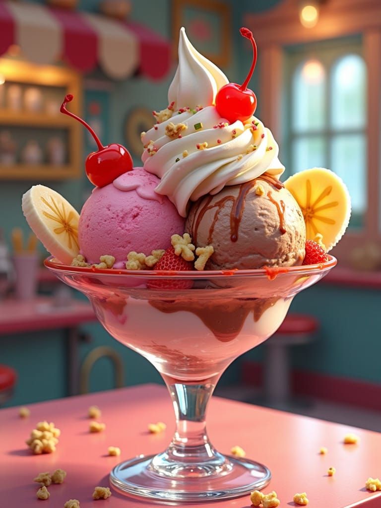 A Delicious and Refreshing Ice Cream Sundae with Strawberry,...