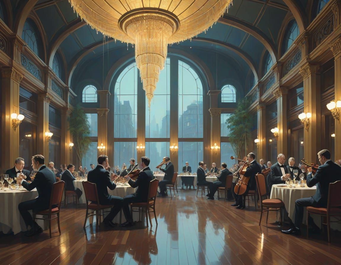 Luxurious Art Deco Ballroom Illuminated by Golden Chandelier...
