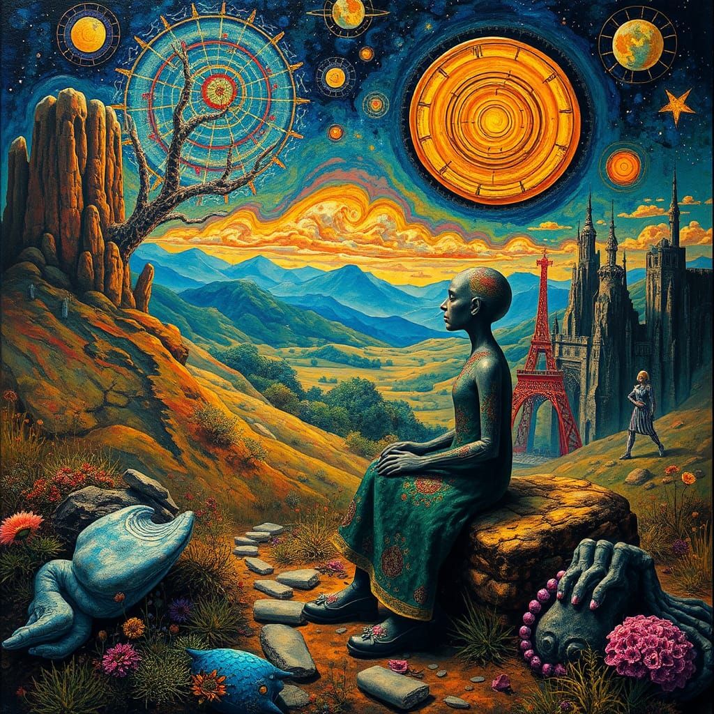 Cosmic Characters Dream in Extravagant Sci-Fi Landscape