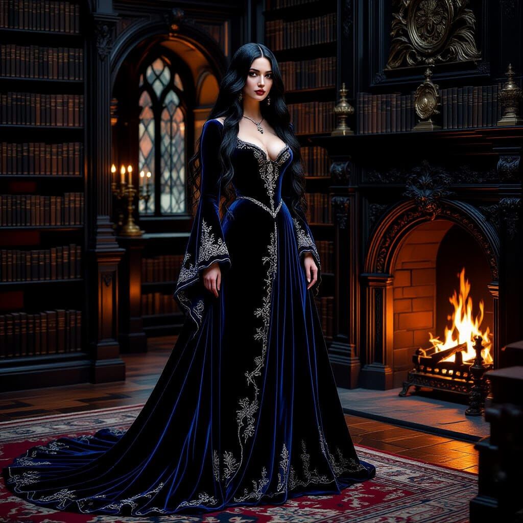 Elegant Woman in Gothic Library, Pre-Raphaelite Style