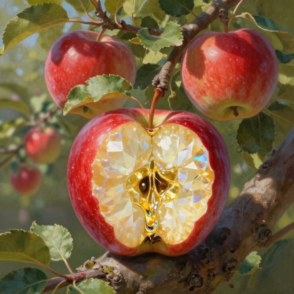 Diamond Apple with Liquid Gold Filling, Hyperrealistic Digit...