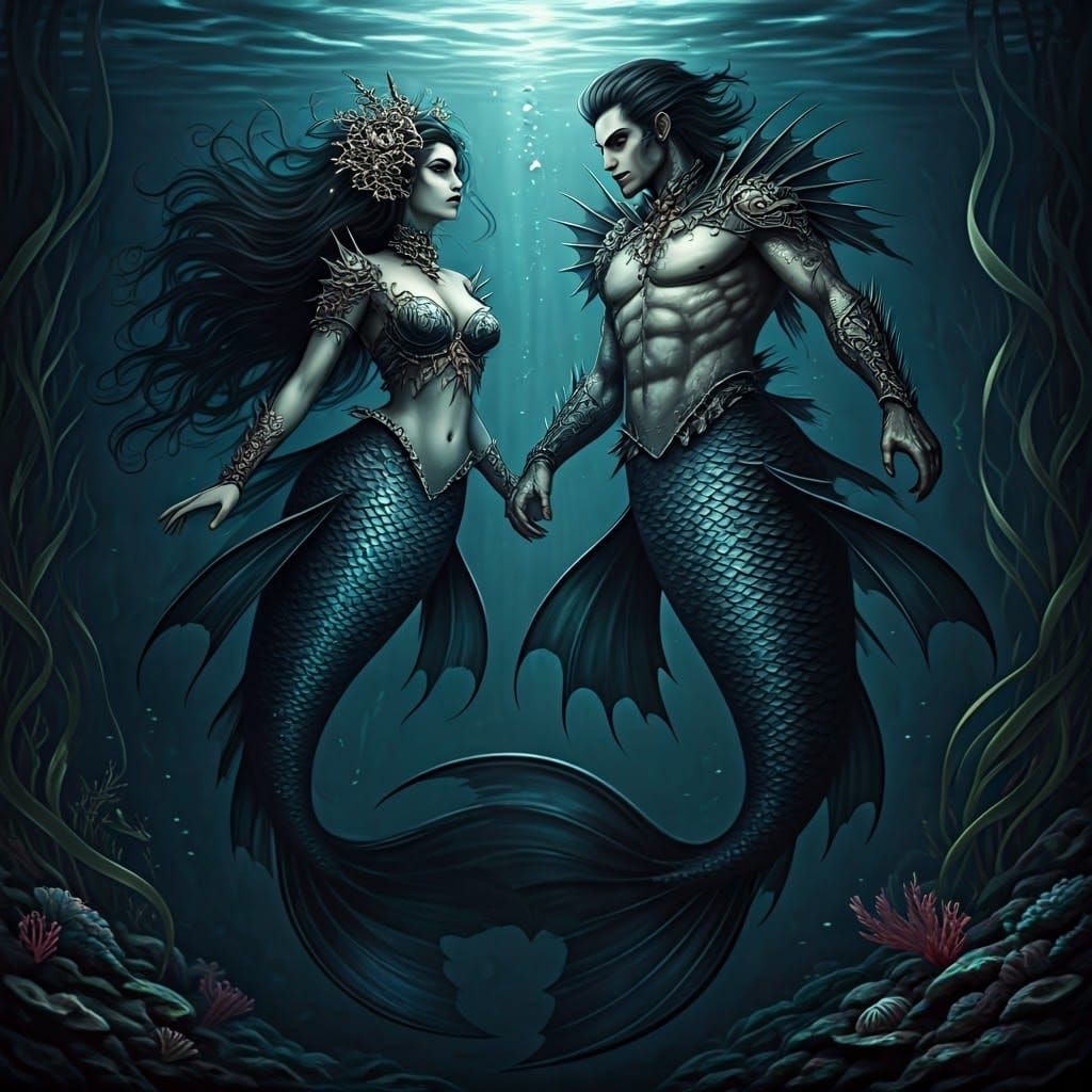Gothic Merman and Mermaid Couple in Eerie Underwater Realm
