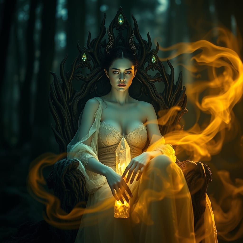 Opal-Eyed Woman on Crystal Throne in Rembrandt Lighting