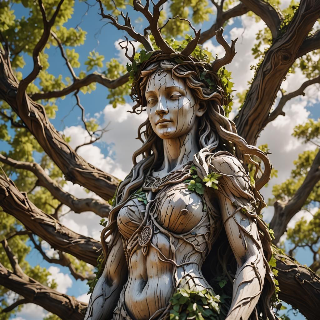 Forest Goddess Statue Under Oak Tree, Professional Photograp...