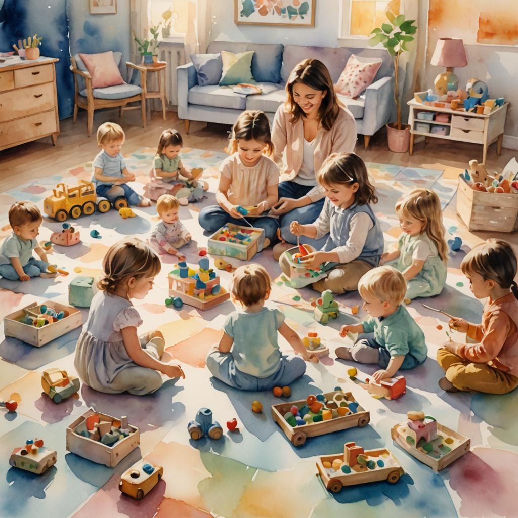 Whimsical Watercolor of Teacher Playing with Children