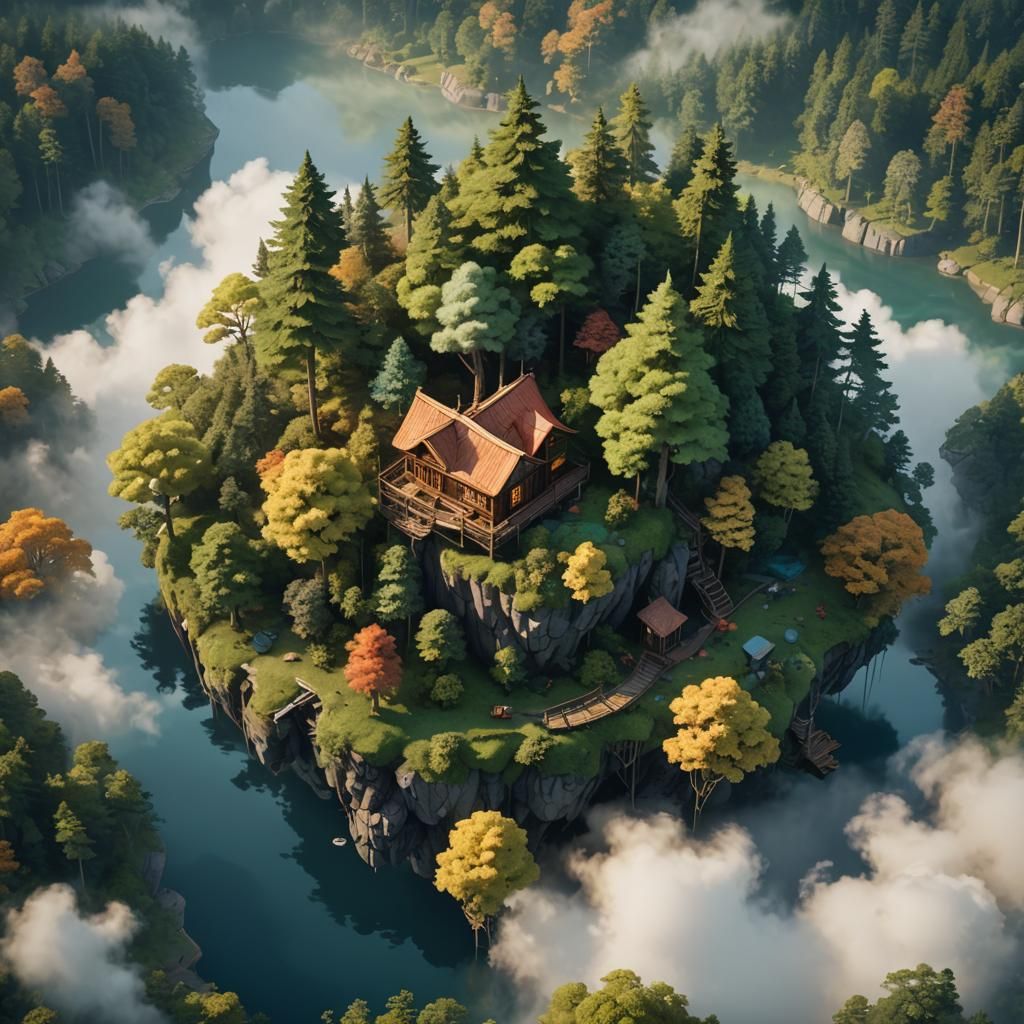 Floating Island Cabin in Misty Landscape