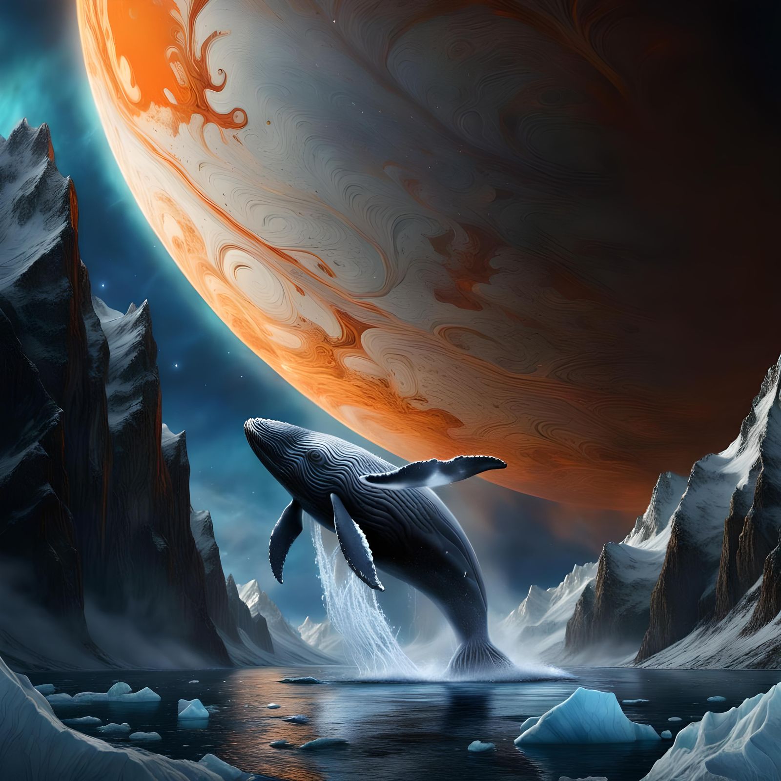 Whale Emerges on Europa with Jupiter in Background