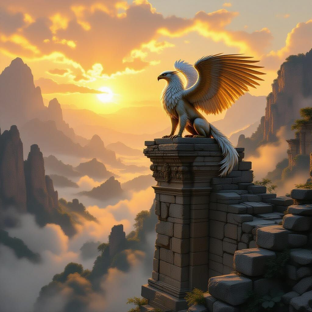 Majestic Griffin on Ancient Ruin, Golden Hour