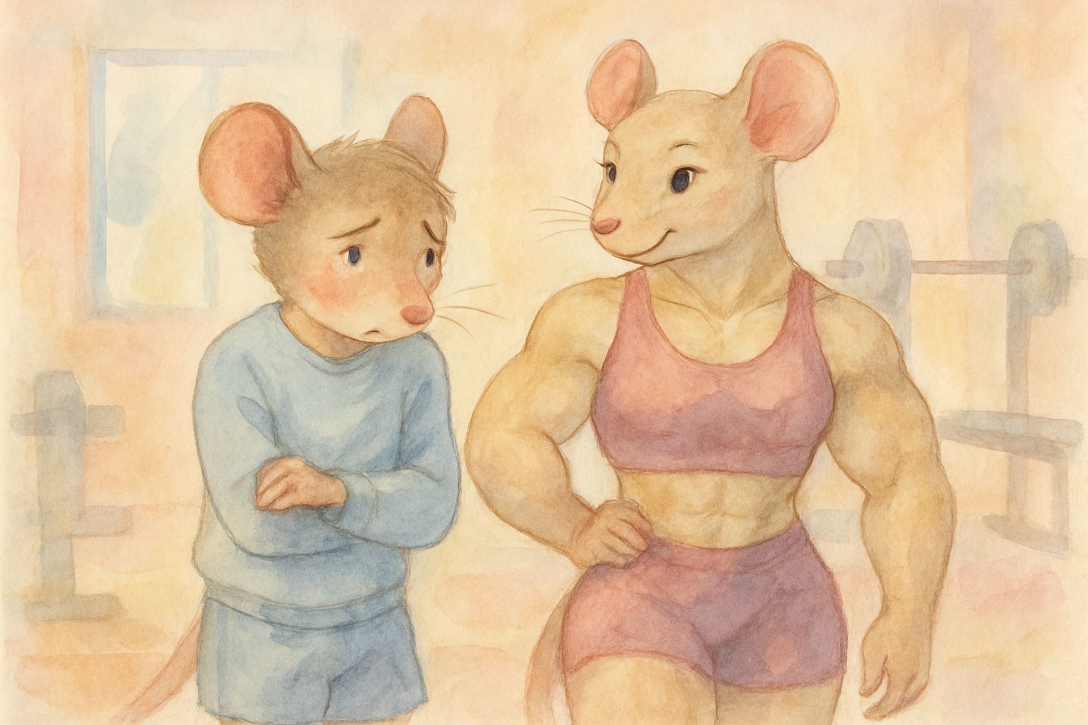 Delicate Watercolor of Shy Mouse at the Gym