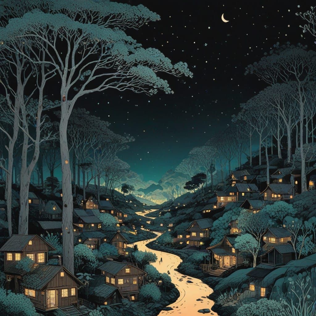 Dark Night Landscape in Charcoal Art