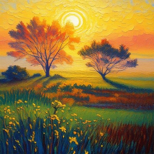 Golden Sky Oil Painting in Neo-Impressionist Style