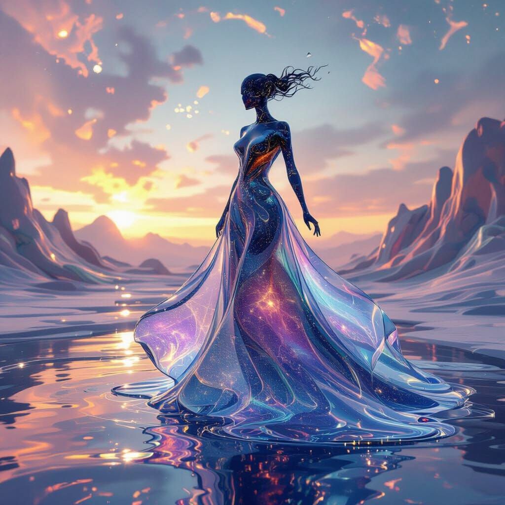 Ethereal Molten Glass Spirit in Surreal Cosmic Landscape