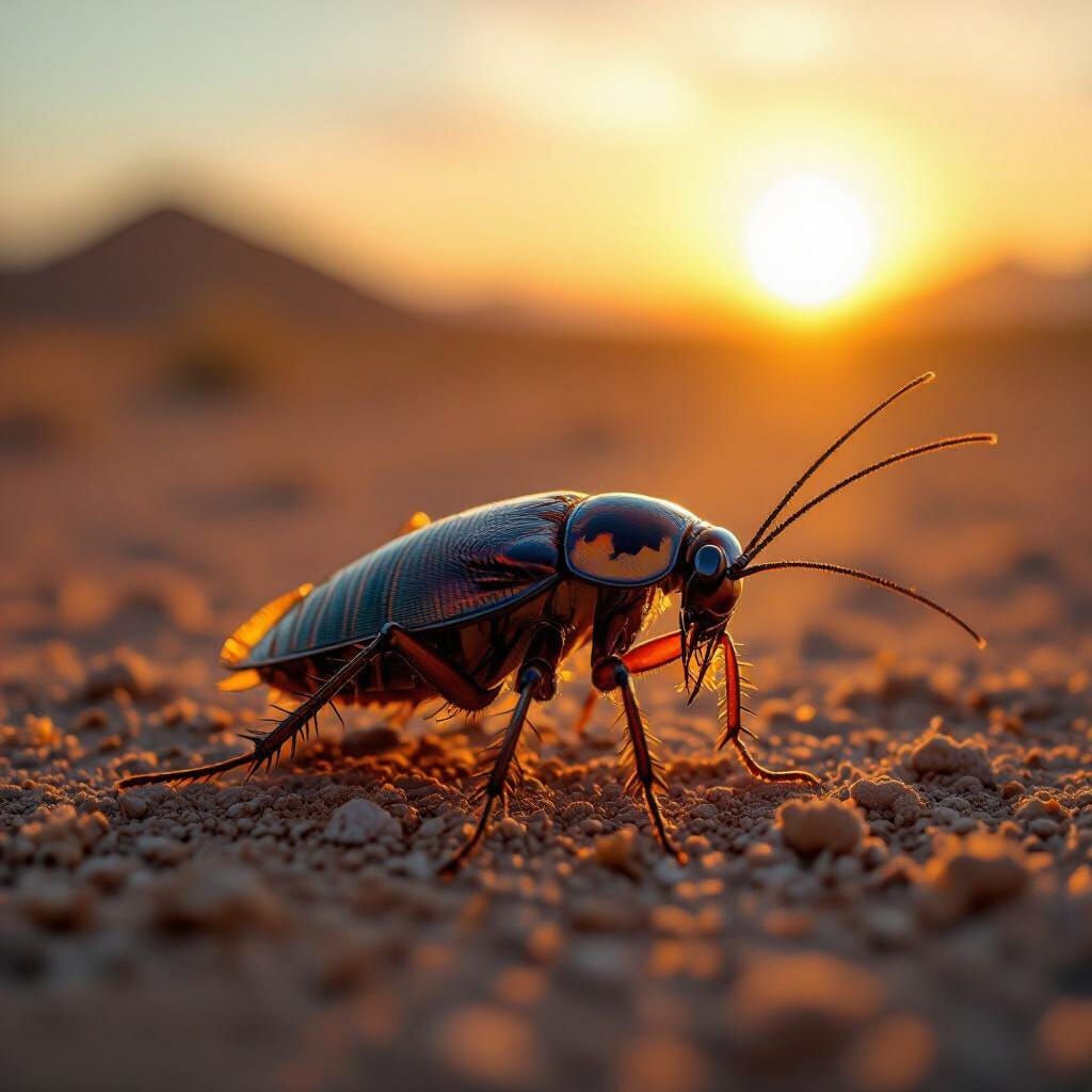 Macro Cockroach in Desert Sunset, Iridescent Armor