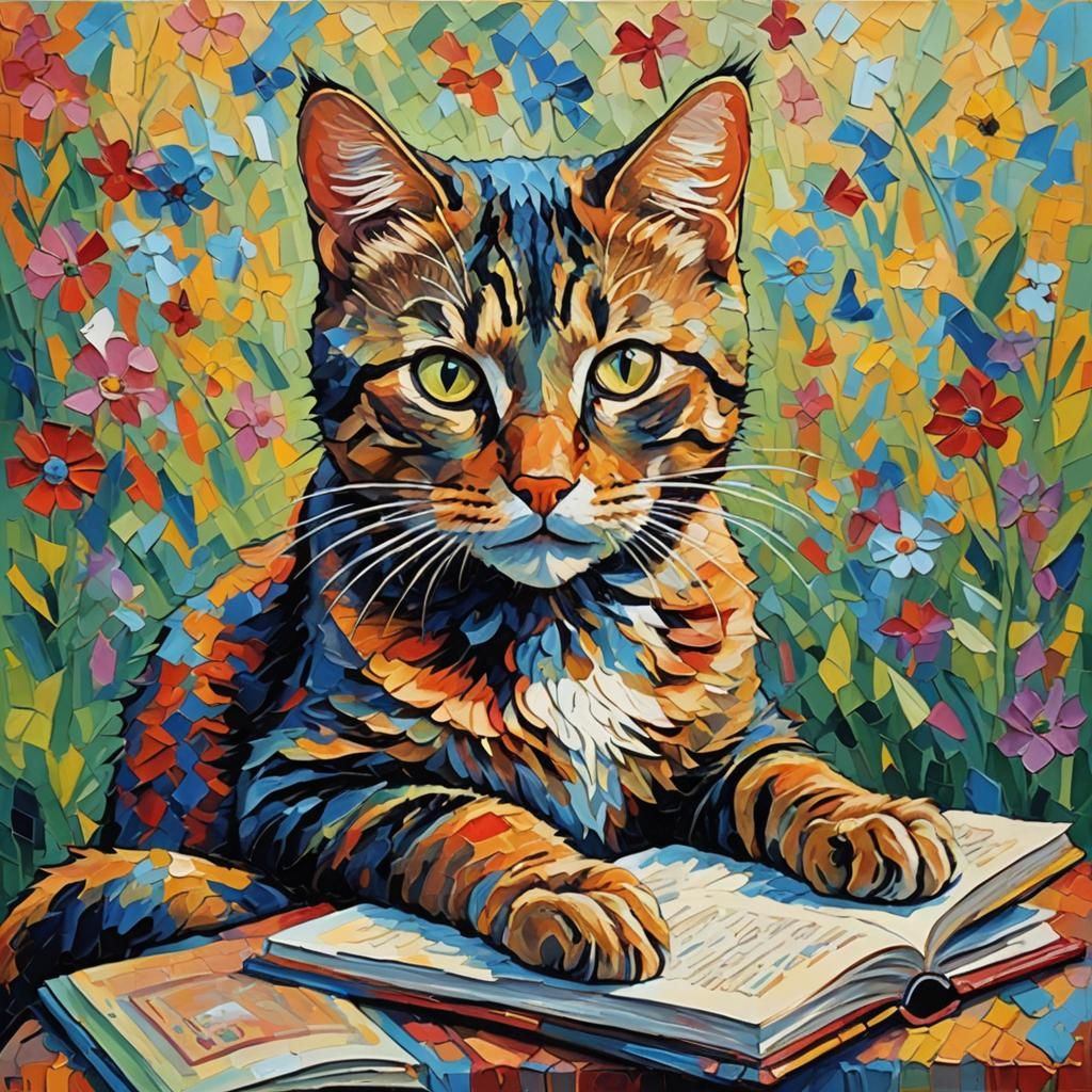 Colorful Feline Reads The Great Catsby as Oil Painting