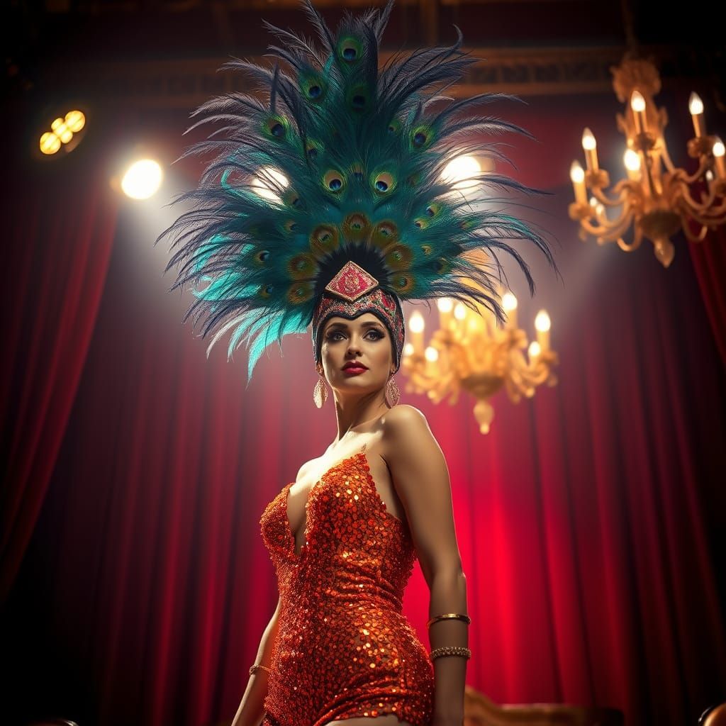 Glamorous Showgirl in Peacock Headdress, Art Deco Style