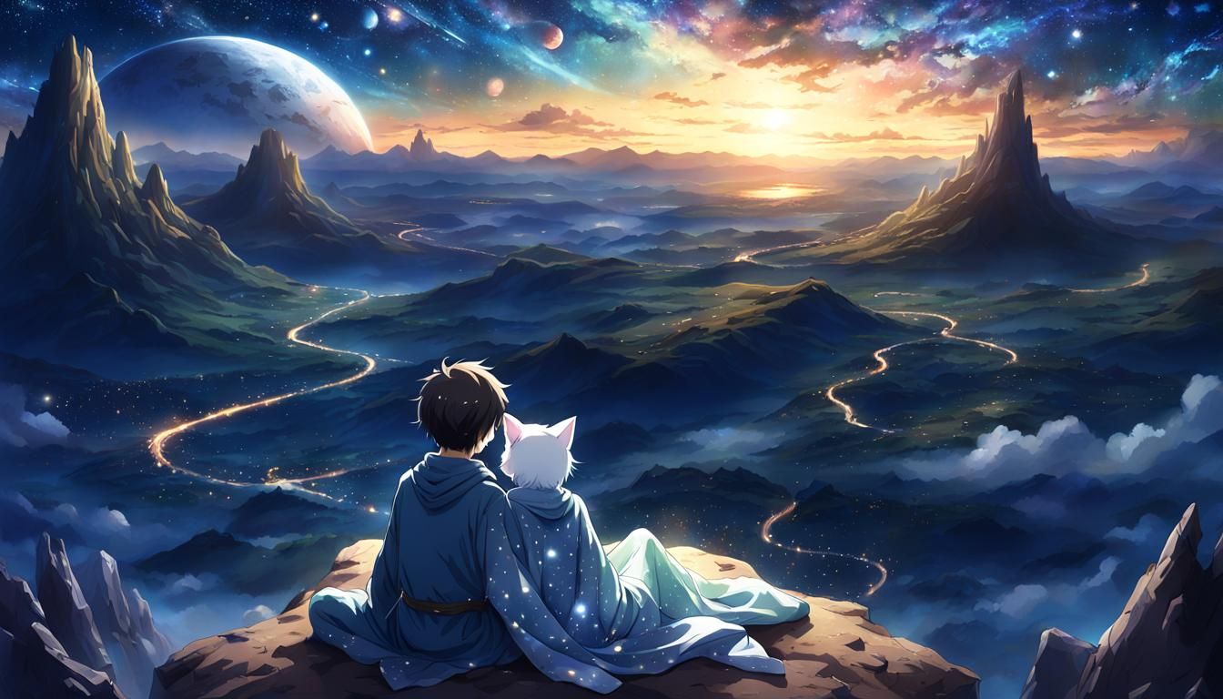 Anthropomorphic Kitten Knight in Starry Landscape