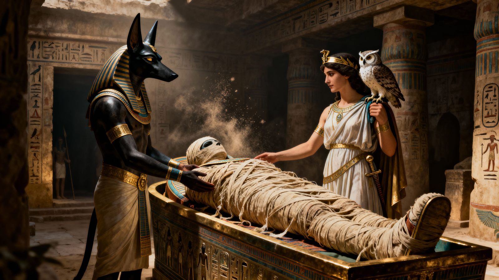 Anubis Presents Athena to Mummy in Ancient Egyptian Tomb