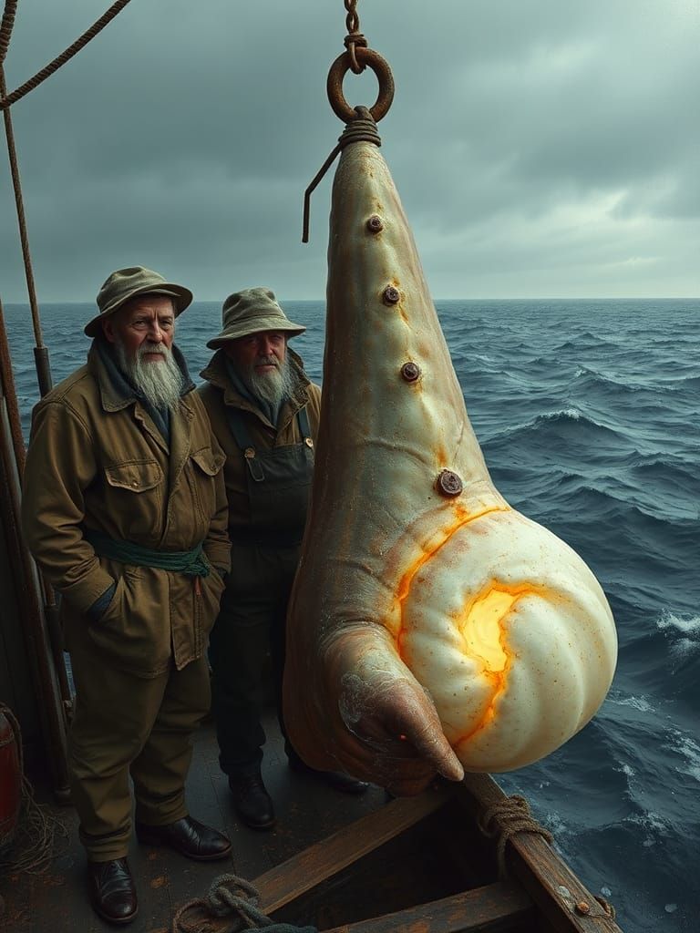 Fishermen With Bioluminescent Sea Creature, Surreal Art