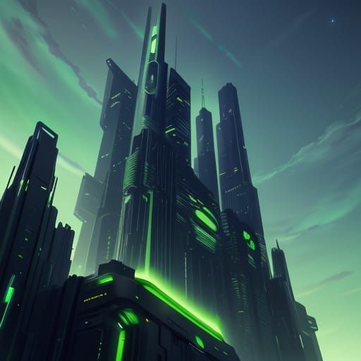 Sci-Fi Skyscraper on Alien Landscape in Anime Style
