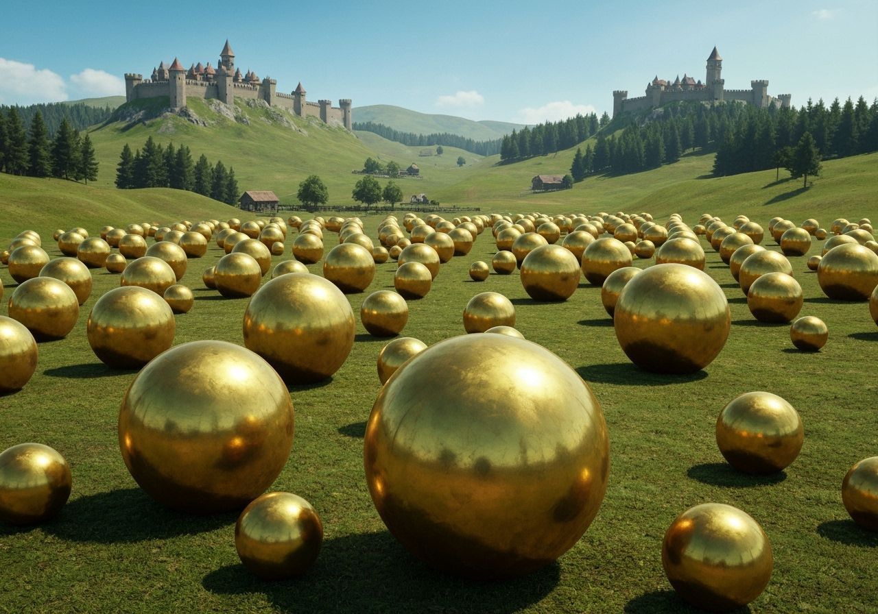 Medieval Fantasy Landscape with Giant Brass Marbles