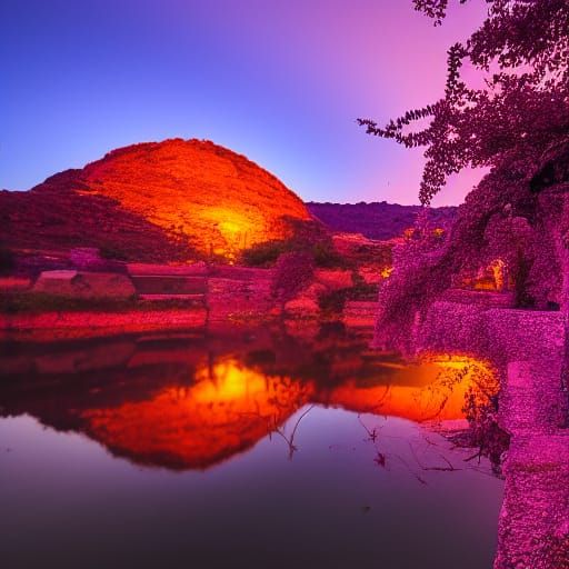 Glowing Violet Plants in Ruined Lakeside City