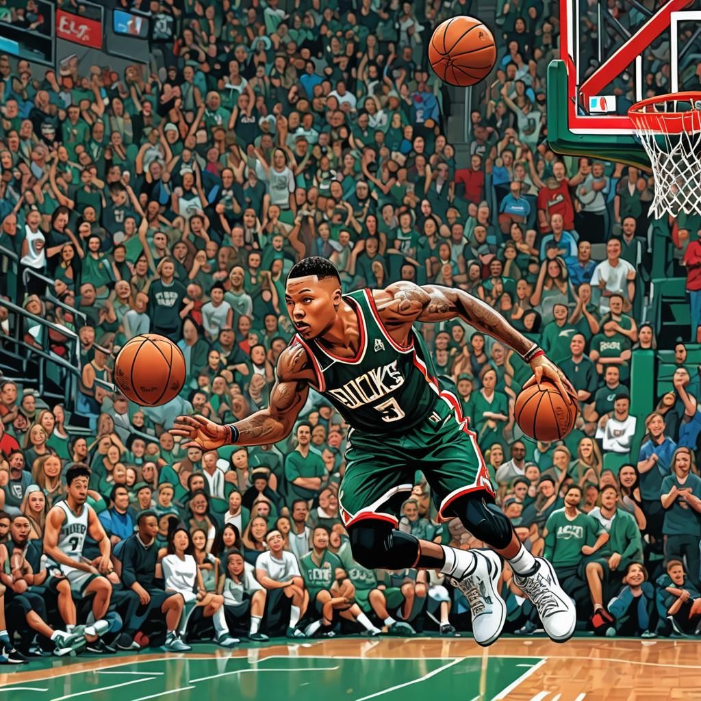 Damian Lillard Slam Dunk in Comic Book Style