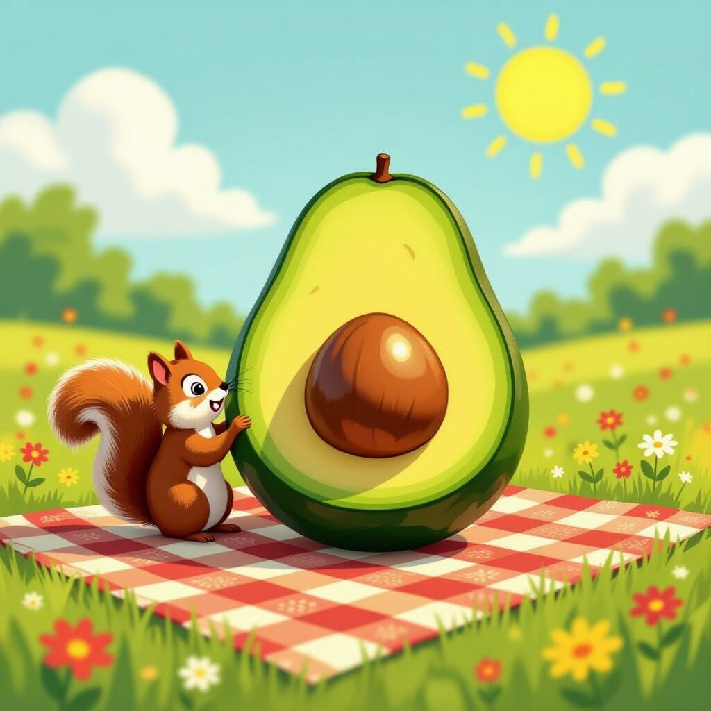 Whimsical Avocado with Squirrel on Picnic Blanket